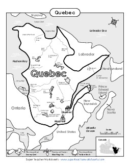 Quebec Map (Black & White) Free Canada Worksheet