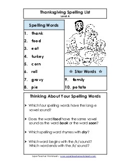 Spelling List (A-Thanksgiving)  Free Spelling A Worksheet