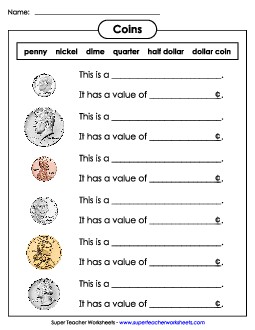 Identifying Coins: Fill in the Blanks Counting Money Worksheet