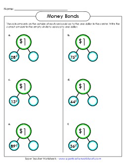 Dollar Money Bonds #2 (Subtraction) Counting Money Worksheet