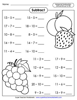 Basic Subtraction Facts: Fruit (Horizontal) Worksheet