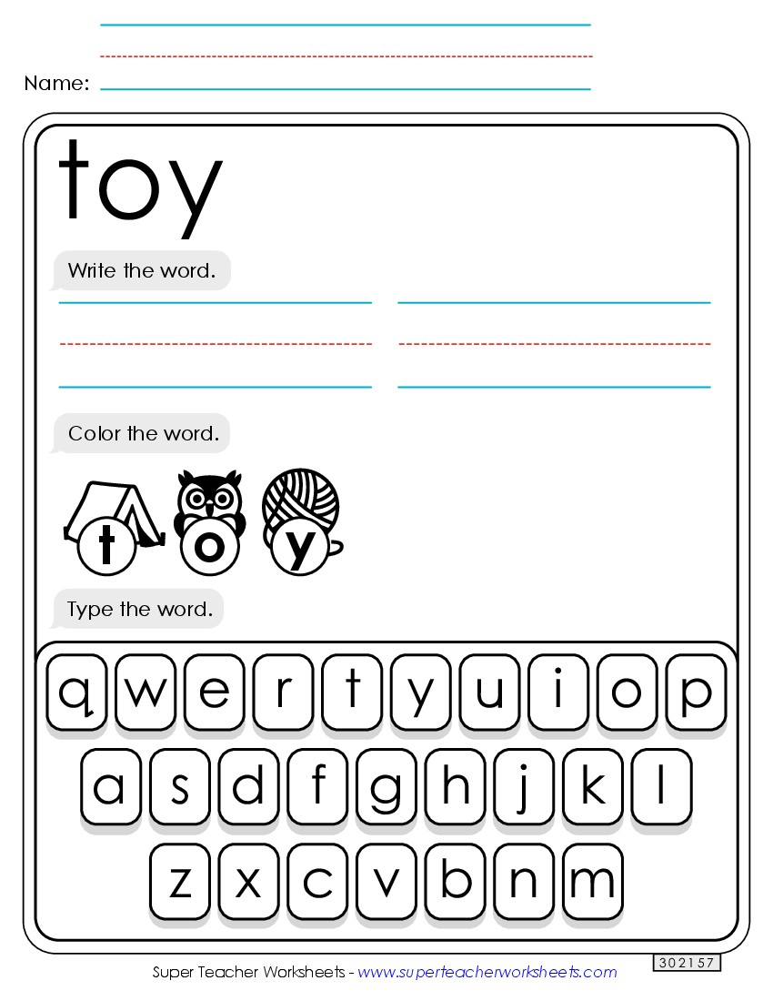 Write, Color, Type: Toy Sight Words Individual Worksheet