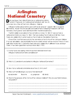 Arlington National Cemetery  (Short Article) Reading Comprehension Reading Comp Short Worksheet