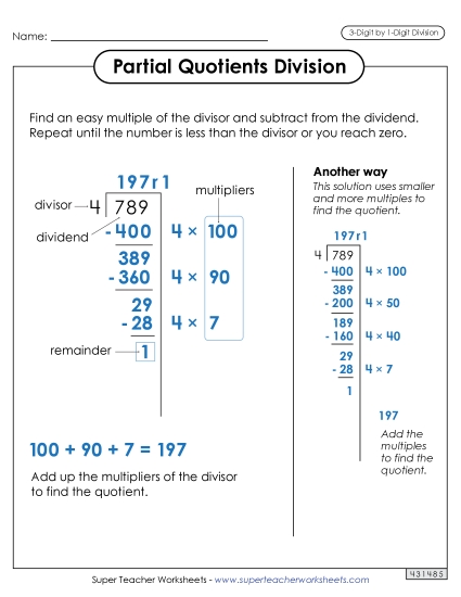 Partial Quotients Anchor Chart  (3-Digit by 1-Digit) Division Worksheet