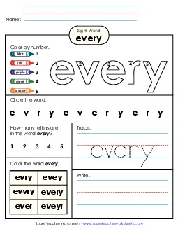 Worksheet 4: Every Sight Words Individual Worksheet