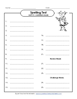 Spelling Test (E-5) Spelling E Worksheet