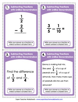 Fraction Subtraction (Unlike Denominators) Fractions Worksheet