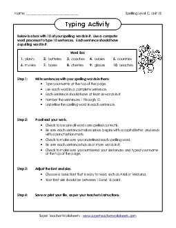 Typing Sentences (C-18)  Spelling C Worksheet