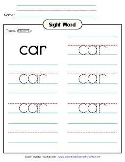 Trace the Word: Car Sight Words Individual Worksheet