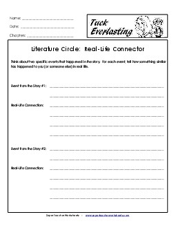 Literature Circles: Real-Life Connector Book Tuck Everlasting Worksheet