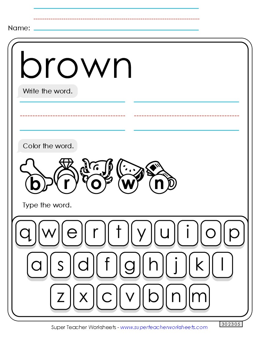 Write, Color, Type: Brown Sight Words Individual Worksheet