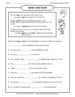 Saw and Seen Commonly Confused Words Worksheet