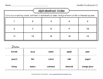 ABC Order: Cut and Glue (C-Healthy Foods)  Spelling C Worksheet