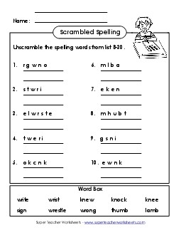 Word Unscramble (B-30) Spelling B Worksheet