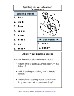 Spelling List (A-Halloween)  Spelling A Worksheet