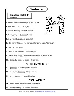 Spelling Test Sentences (B-14) Spelling B Worksheet