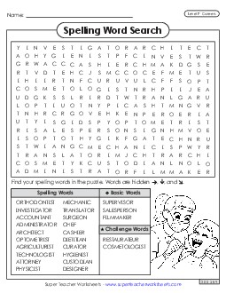 Word Search (Careers) Spelling F Worksheet