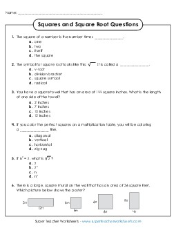 Multiple Choice Questions Squares Square Roots Worksheet