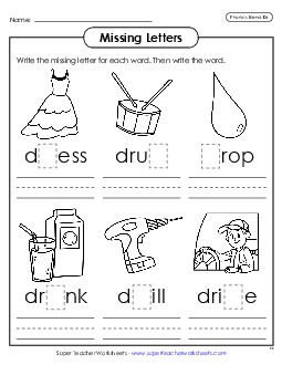 Missing Letters (Dr- Words) Phonics Blends Worksheet