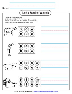 Color the Letters & Write (-ow) Word Families Worksheet