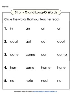 Listen and Circle: Long O and Short O Phonics Long Short O Worksheet