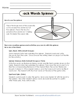 Word Spinner (-ack) Free Word Families Worksheet