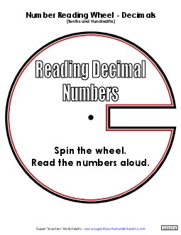 Reading Numbers Wheel: Decimals (Tenths and Hundredths) Worksheet