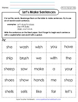 Let\'s Make Sentences (SH) Phonics Digraphs Worksheet