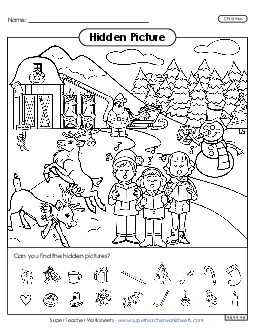 Hidden Pictures: Outdoor Christmas Scene Worksheet