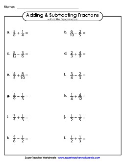 Adding and Subtracting Fractions with Unlike Denominators (Horizontal) Worksheet