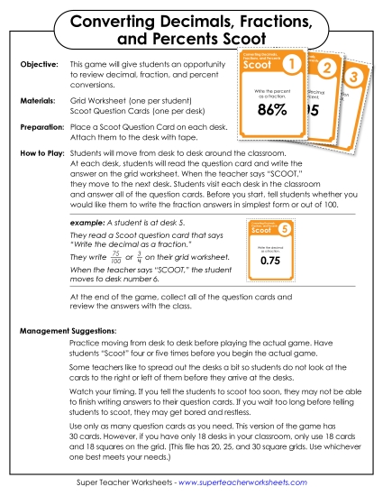 New Converting Decimals, Fractions, and Percents Scoot Game Worksheet