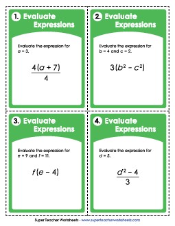 Task Cards (Intermediate) Expressions Evaluate Worksheet