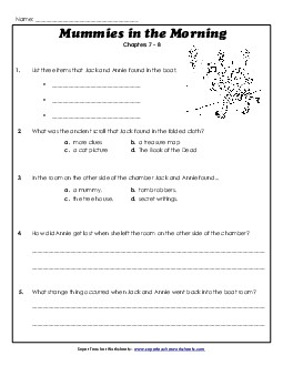 Questions for Chapters 7-8 Book Mummies In The Morning Worksheet