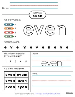 Worksheet 4: Even Sight Words Individual Worksheet