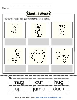 Cut-and-Glue (Short U Words) Phonics Long Short U Worksheet