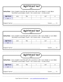 1-on-1 Reading Test (Unit 1) Free Sight Words Worksheet