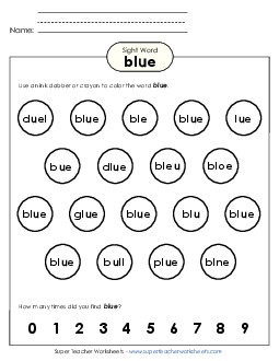 Dab or Color: Blue Sight Words Individual Worksheet