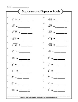 Squares and Square Roots Free Multiplication Worksheet