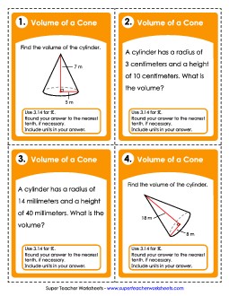 Task Cards: Volumes of Cones (Basic) Worksheet