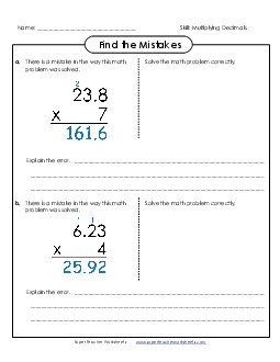 Find the Mistake: Multiplying Decimals by 1-Digit Worksheet