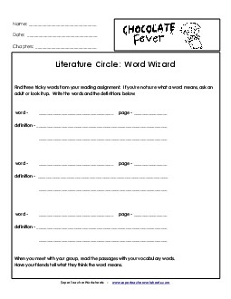 Literature Circles: Word Wizard Book Chocolate Fever Worksheet