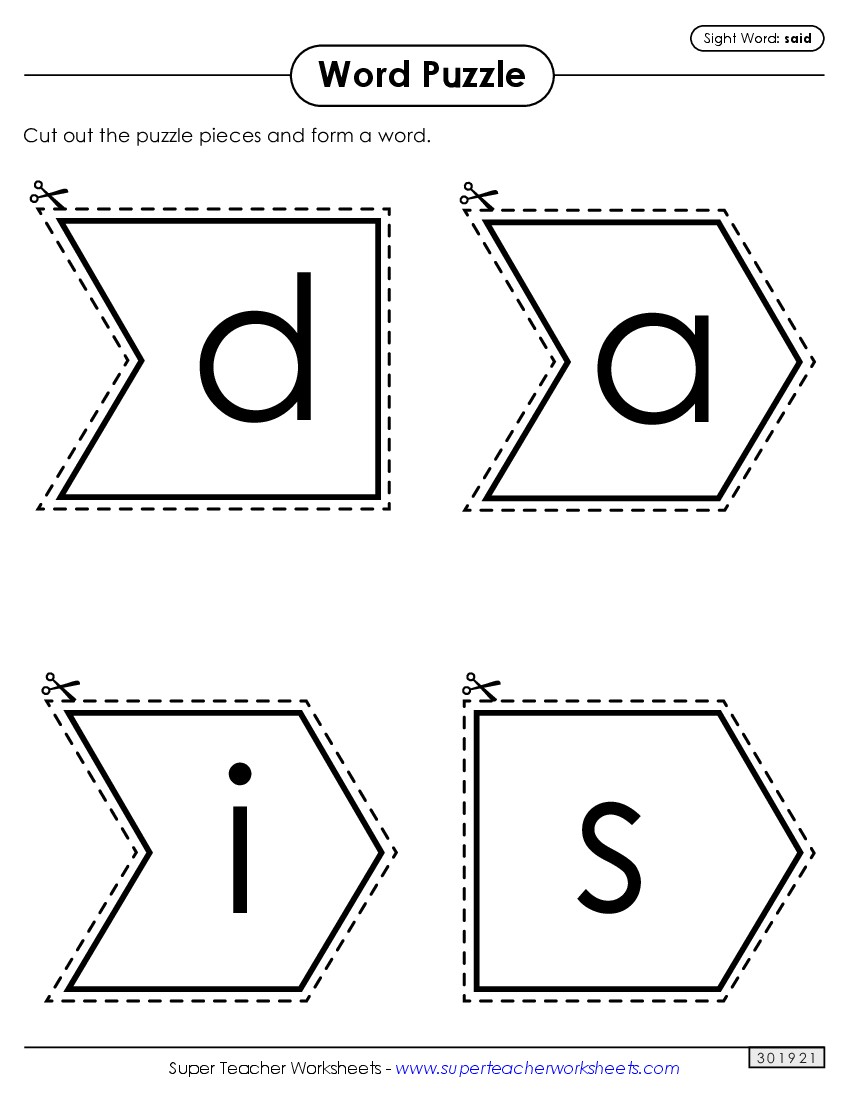 Word Puzzle: Said Sight Words Individual Worksheet