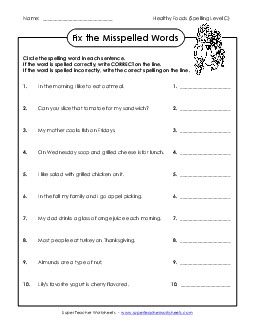 Correct or Incorrect? (C-Healthy Foods)  Spelling C Worksheet