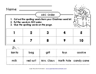 ABC Order: Cut and Glue (B-Christmas)  Spelling B Worksheet