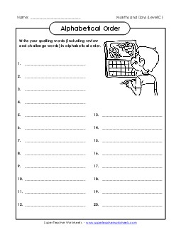 ABC Order: Write It Out (C-Months and Days)  Spelling C Worksheet