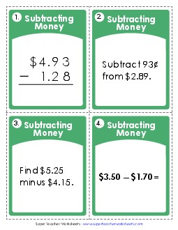 Task Cards Subtracting Money Subtraction Worksheet