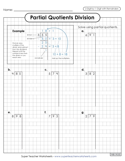 Partial Quotients (Graph Paper) 2-Digit by 1-Digit Division (with Remainders) Worksheet