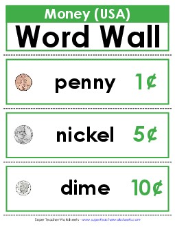 Word Wall: Coins & Bills Counting Money Worksheet