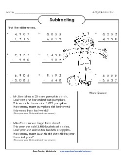 4-Digit Subtraction Fall Worksheet