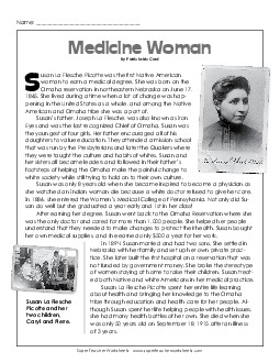 Medicine Woman: Susan La Flesche Picotte Reading Comprehension Worksheet